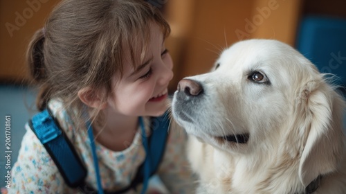 Young girl shares joyful moment with golden retriever in cozy indoor setting during afternoon playtime