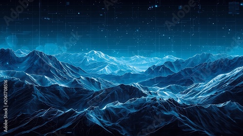 Abstract Digital Mountain Landscape with Starry Night Sky.