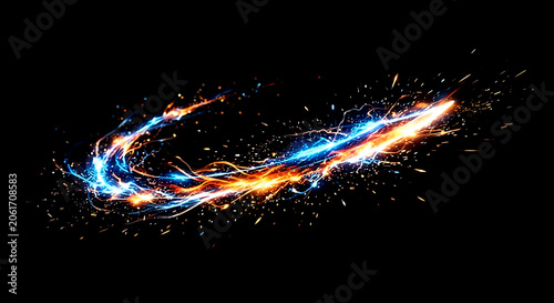 Vibrant energy sword slash effect with neon blue lightning and golden fire sparks isolated on pure black background. Magical power arc overlay.