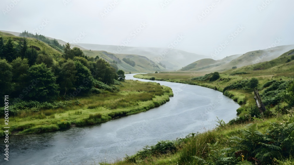 Naklejka premium Serene River Running Through Lush Green Hills and Misty Mountains