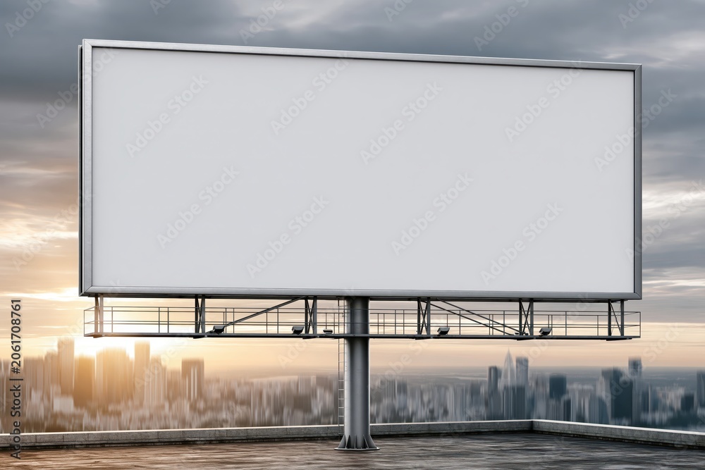 Fototapeta premium Blank billboard with a cityscape and dramatic cloudy sky at sunset, perfect for advertising.