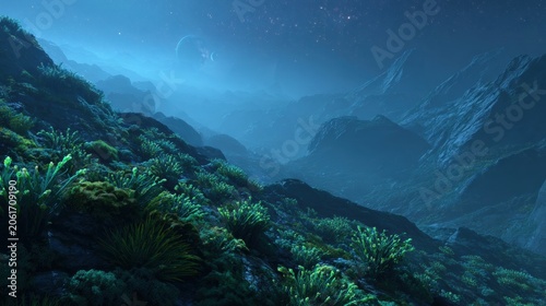 Mysterious landscape under starry sky with glowing plants and distant mountains