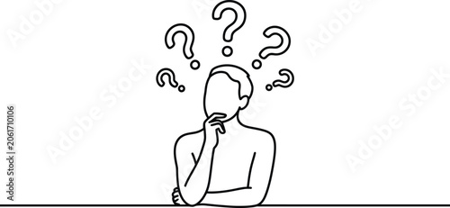 Confused man, thinking face, question marks, line art, vector illustration, puzzled expression