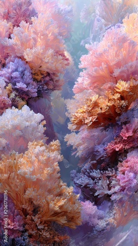Vibrant coral formations in a serene underwater environment created with soft pastel colors
