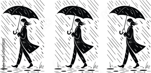 Obraz na plátně Black and white, minimalist rain, walking woman icons, vector illustrations, rai
