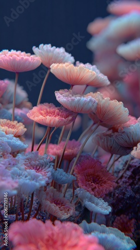 Colorful underwater garden of mushrooms thriving in vibrant hues and delicate textures