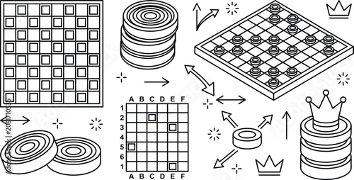 Schilderij op canvas Checkers and Draughts Board Game Icon Set Featuring Gameboard Wooden Pieces Crow