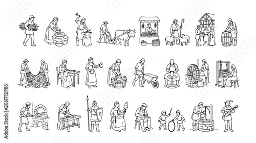 Cuadro en lienzo Medieval village life icons set, vintage middle ages people working and daily ac