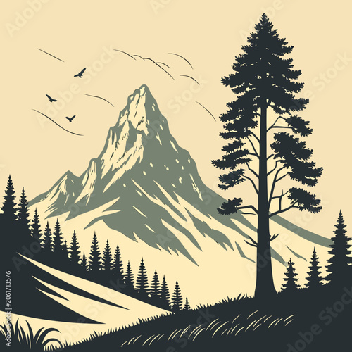 Foto Graphic art of a towering mountain peak with a pine forest in the foreground und