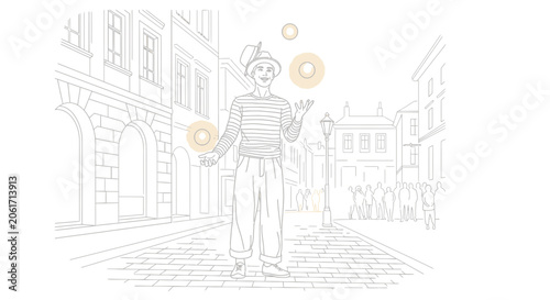 Juggler Performing in Old Town Street with Buildings and Crowd