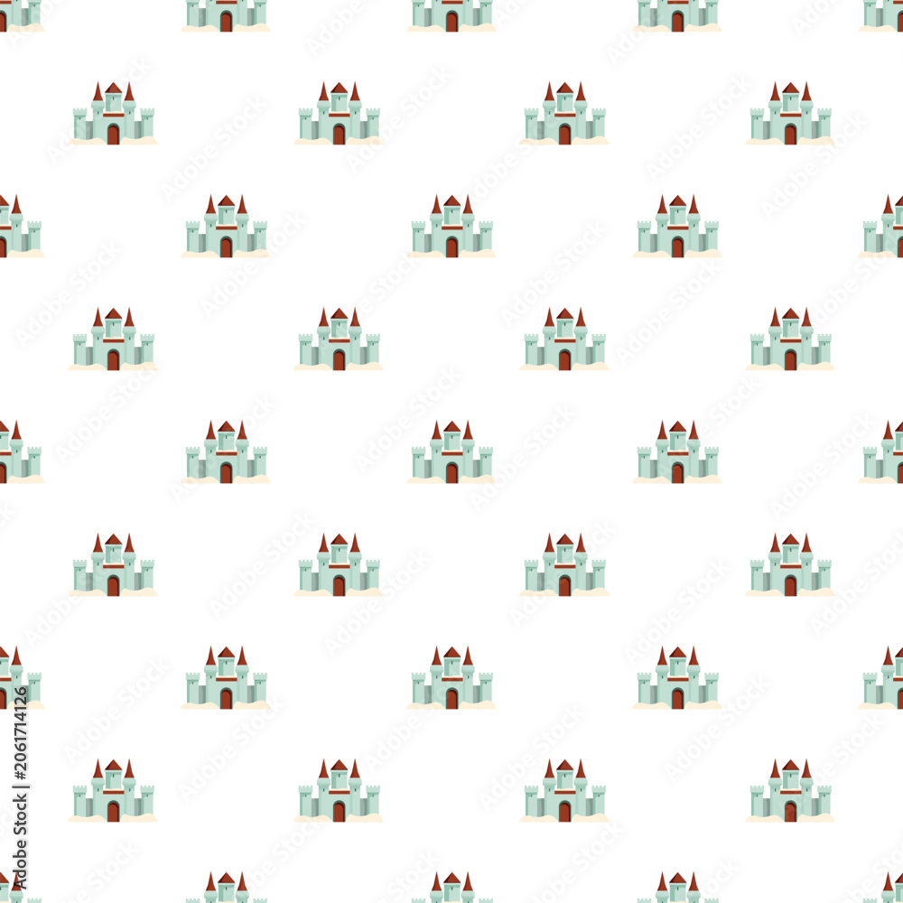 Naklejka premium Repeating cartoon castles creating a light blue and red fairytale pattern