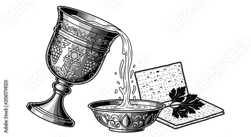 Kiddush Cup Pouring Wine into Bowl with Matzah and Parsley - Passover Illustration