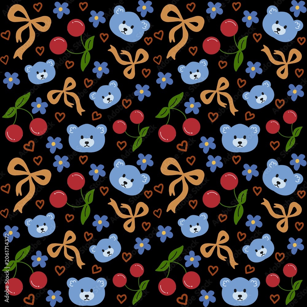 Fototapeta premium Cute bear seamless pattern with black color background 