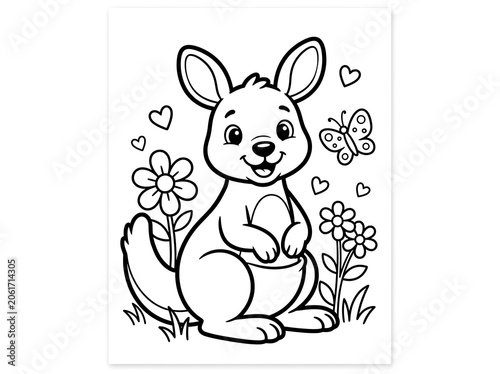 Cute cartoon kangaroo with flowers and butterfly in garden scene