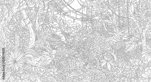 Illustration of a kitchen rack with metal utensils and black and white flowers