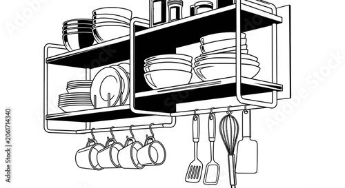 Line art illustration of kitchen shelf with wall-mounted utensils and dishes