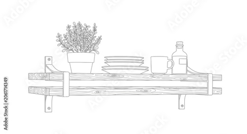Line art illustration of a kitchen sink cabinet with a potted plant and dishes on a wooden shelf.