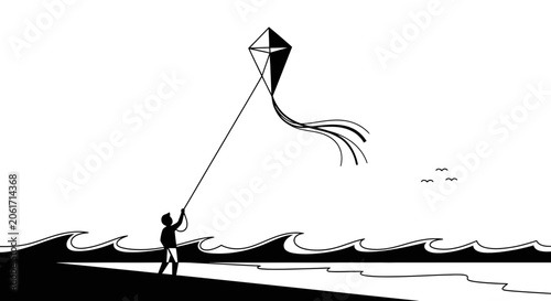 Person flying kite on beach with waves and seagulls nearby outdoors
