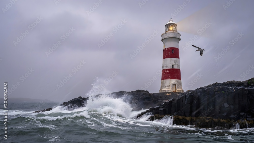 Obraz premium Ocean waves crashing against rocky shoreline with lighthouse and seagull in stormy weather