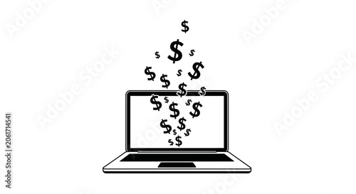 A laptop generating dollar symbols in a flat black ink style on a white background