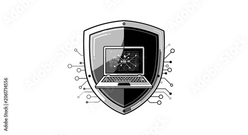 A simple monochrome vector illustration of a laptop inside a shield with code symbols around it