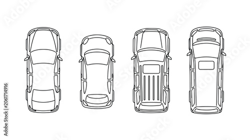 Obraz na plátně Minimalist car top view vector icons, set of 4 vehicle outline illustrations inc