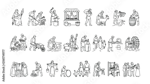 Canvas Print Medieval village life line art icons, set of 24 historical peasant and artisan c