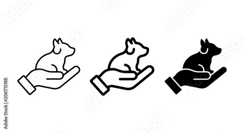 Konstfotografi Pet Care Icons, Animal Welfare Symbols, Cute Dog Silhouette on Hand, Vector Grap
