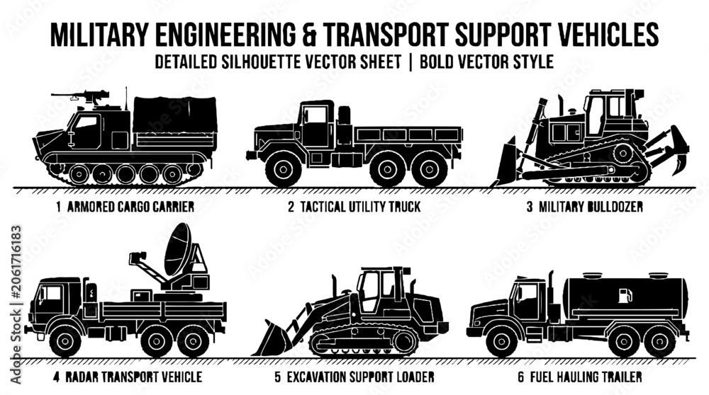 Obraz premium Military Engineering and Transport Support Vehicles Detailed Silhouette Vector Sheet.