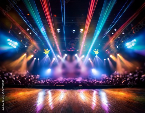 blurred empty theater stage with fun colourful spotlights abstract image of concert lighting illumination background