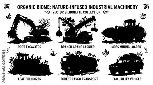 Slika na platnu Organic Biome Nature Infused Industrial Machinery Vector Silhouette Collection