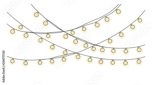 Fotografía Hanging string lights with glowing yellow bulbs, festive party fairy lights on w