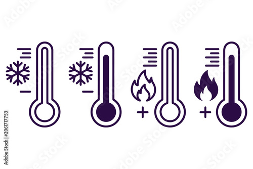 Abstract temperature change infographic icons depicting cold to hot transitions with dynamic thermometer and flame symbols in monochrome minimalist design