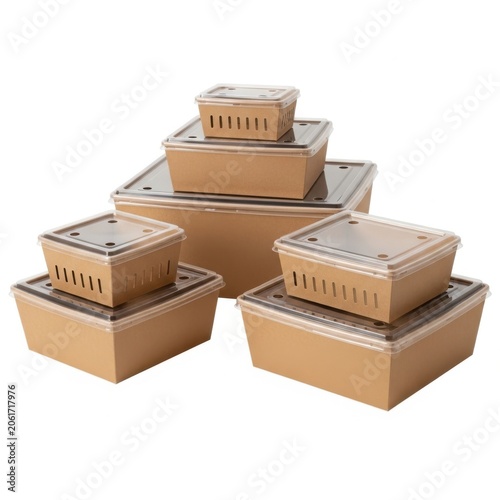 Stacked cardboard storage boxes with clear plastic lids for organization