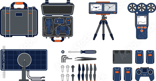 Εκτύπωση καμβά Professional Drone Accessories and Field Kit Equipment Vector Elements Set with
