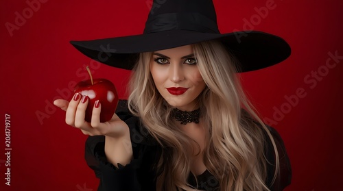 Enchanting Witch Holding Red Apple Against a Crimson Backdrop.