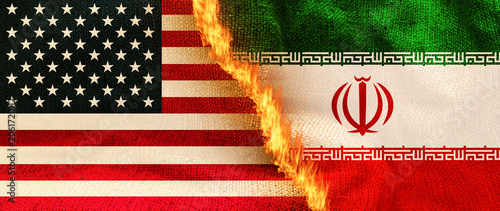 National flags of USA and Iran Conflict. Tension between america and iran flags on fire, Cracks Symbolizing Deepening International Crisis. not ai