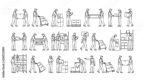 Cuadro en lienzo Warehouse worker line art icons, logistics staff carrying boxes and operating ha