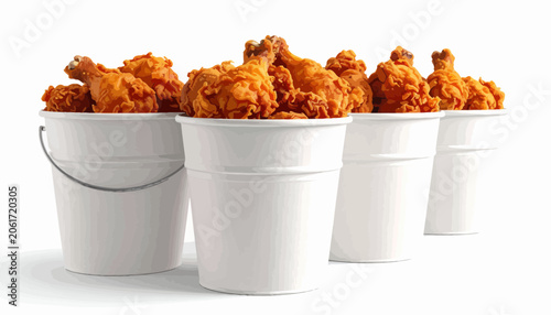 Foto Buckets of fried chicken pieces served.
