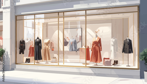 Foto Fashion clothing store window display dresses.