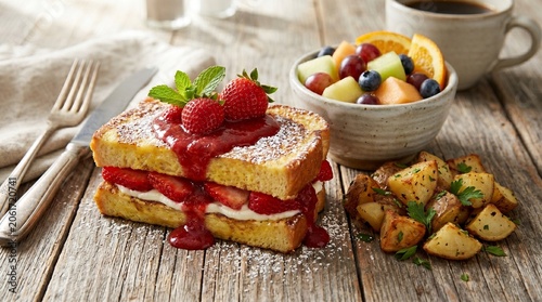 The main subject is a gourmet breakfast or brunch meal featuring a multi-layered French toast sandwich filled with cream cheese and fresh strawberries, generously drizzled with a vibrant red strawberr
