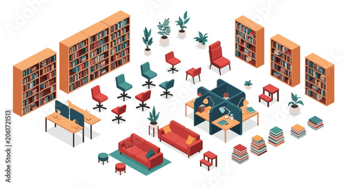 Modern isometric library interior featuring tall bookshelves, comfortable sofas, study desks, and green plants for a quiet work space.