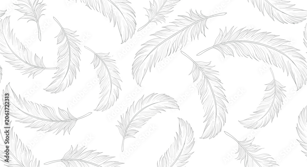 Fototapeta premium Seamless monochrome pattern of delicate bird feathers drawn with fine lines on a clean white background for elegant wallpaper design.