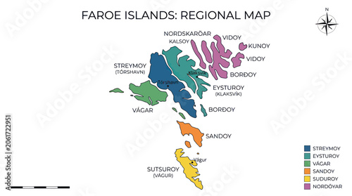 Photos Faroe Islands Regional Map with Colorful Islands and Locations