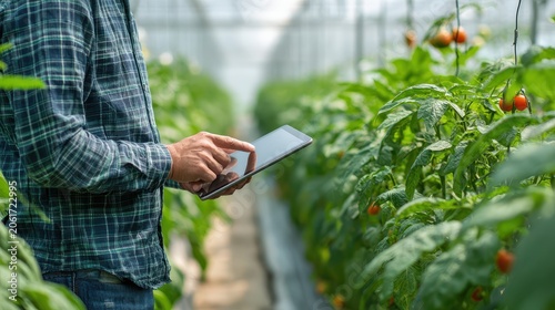 Farmer uses tablet in greenhouse with monitoring tomato plants with smart tech.
