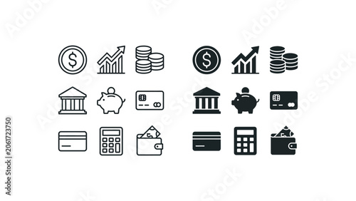Canvastavla Outline and filled finance icons set including coin, chart, piggy bank