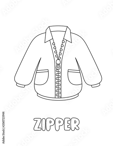 Letter Z. Zipper Illustration. Learning ABC coloring page for kids. Black and white hand drawn vector for children. Cute outline drawing and text for coloring. Preschool, kindergarten activity