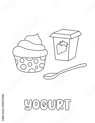 Letter Y. Yogurt Illustration. Learning ABC coloring page for kids. Black and white hand drawn vector for children. Cute outline drawing and text for coloring. Preschool, kindergarten activity