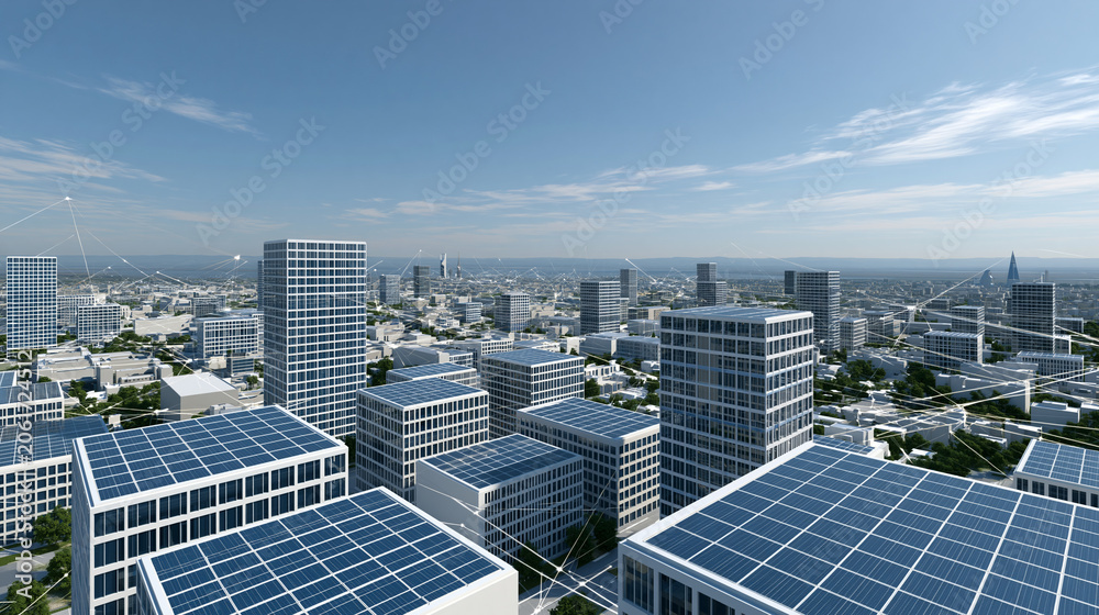Fototapeta premium Futuristic cityscape powered by a solar grid with panels on every rooftop and smart energy lines connecting all buildings, with copy space