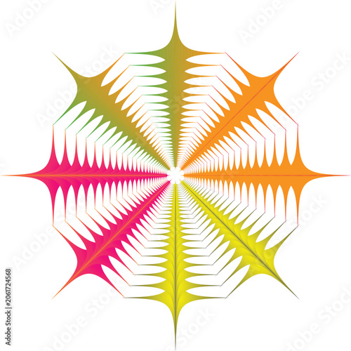 Vibrant geometric mandala vector, colorful radial starburst pattern, abstract kaleidoscopic sunburst design, modern symmetrical graphic element